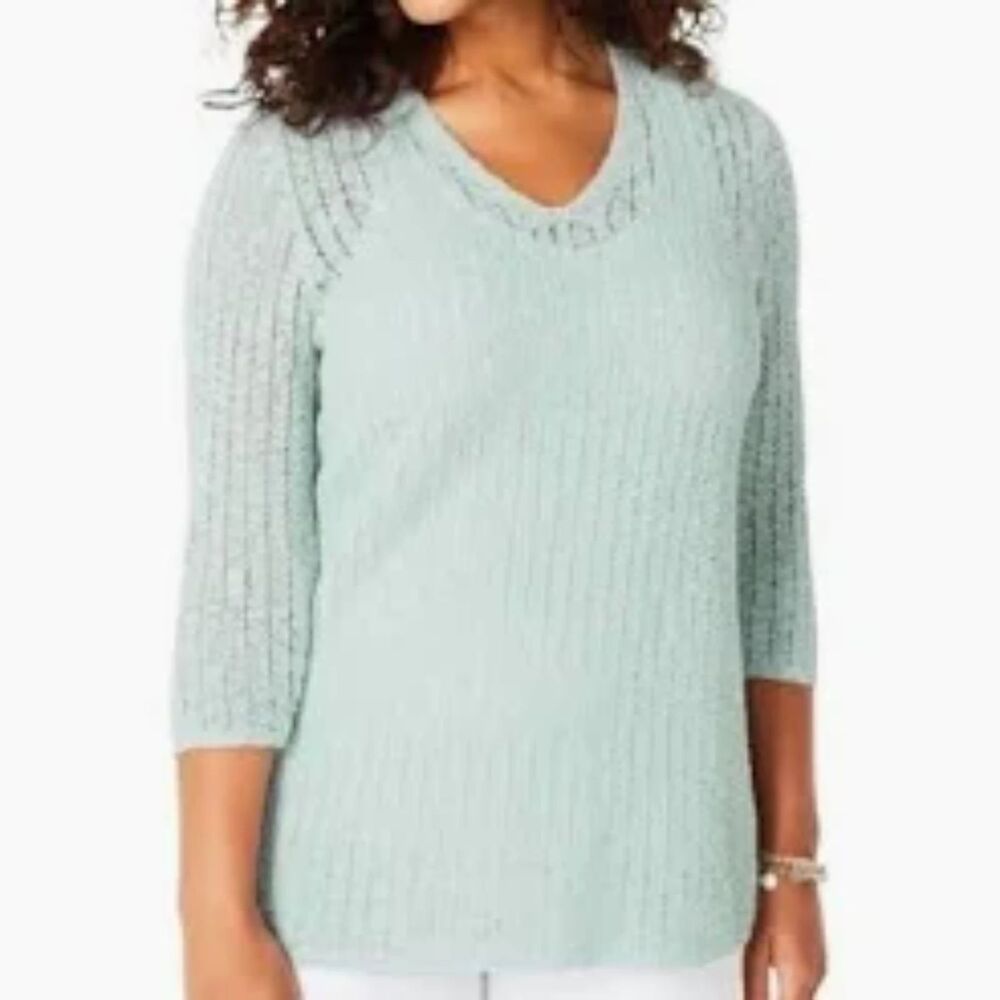 J Jill Sweater Open Knit Aqua 3/4 Sleeve Coastal Casual Beachy Textured Crochet